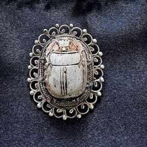 Vintage Silver Carved Scarab Brooch Pin